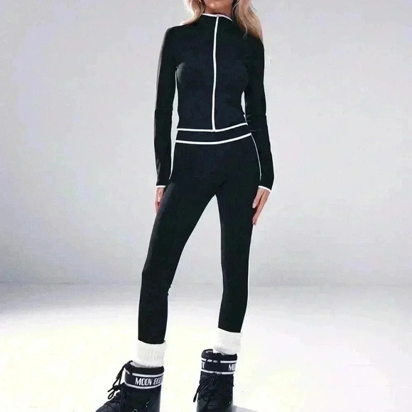 Black And White Women's Contrast Piping High Waist Leggings - Picture 1 of 5